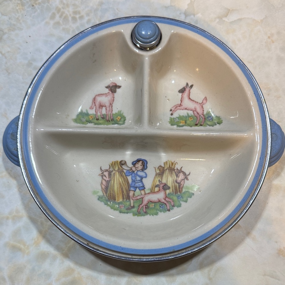 Vintage Bartsch Children's Divided Plate with Blue Trim circa 1940